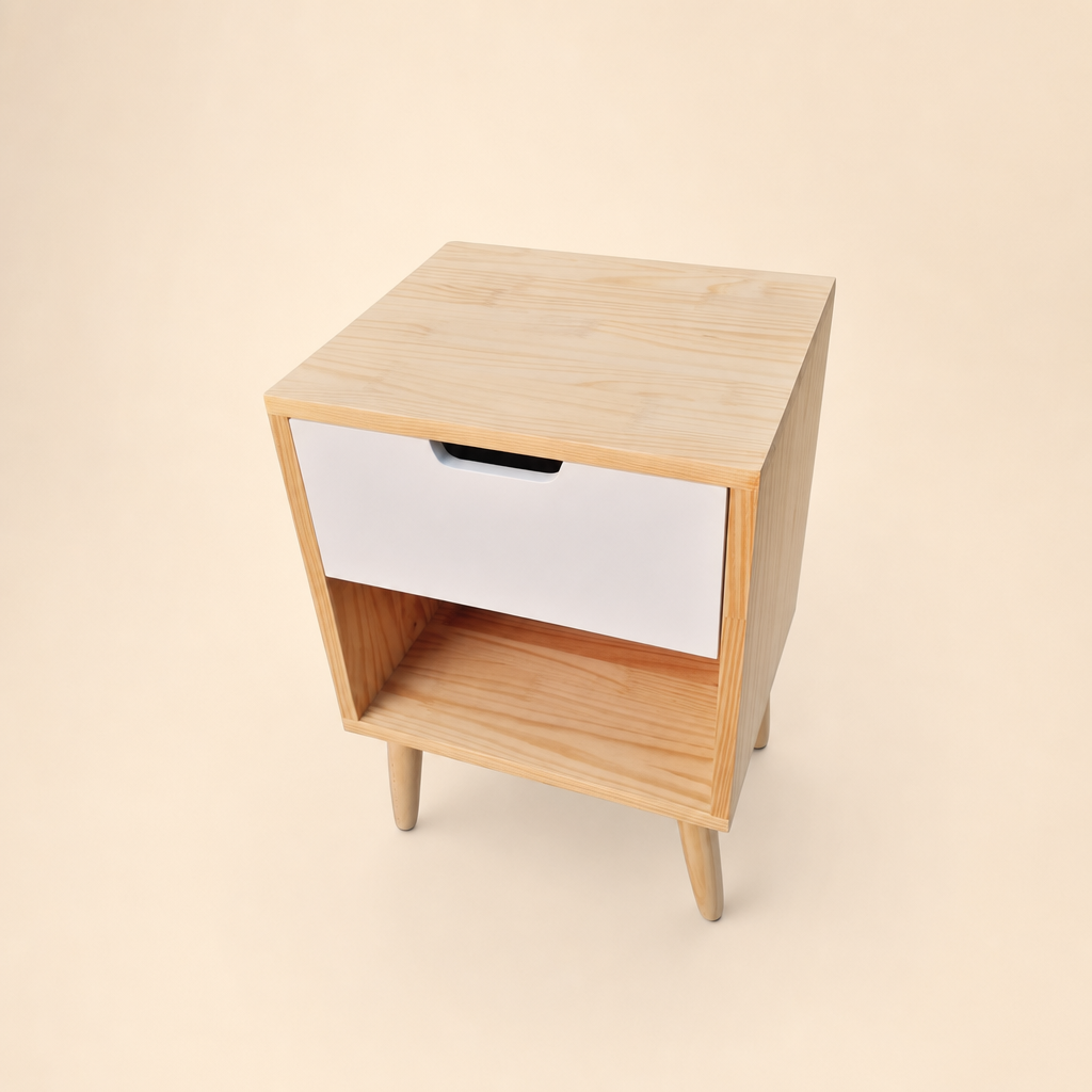 Mesa de noche ALBA de madera maciza, vista de tres cuartos