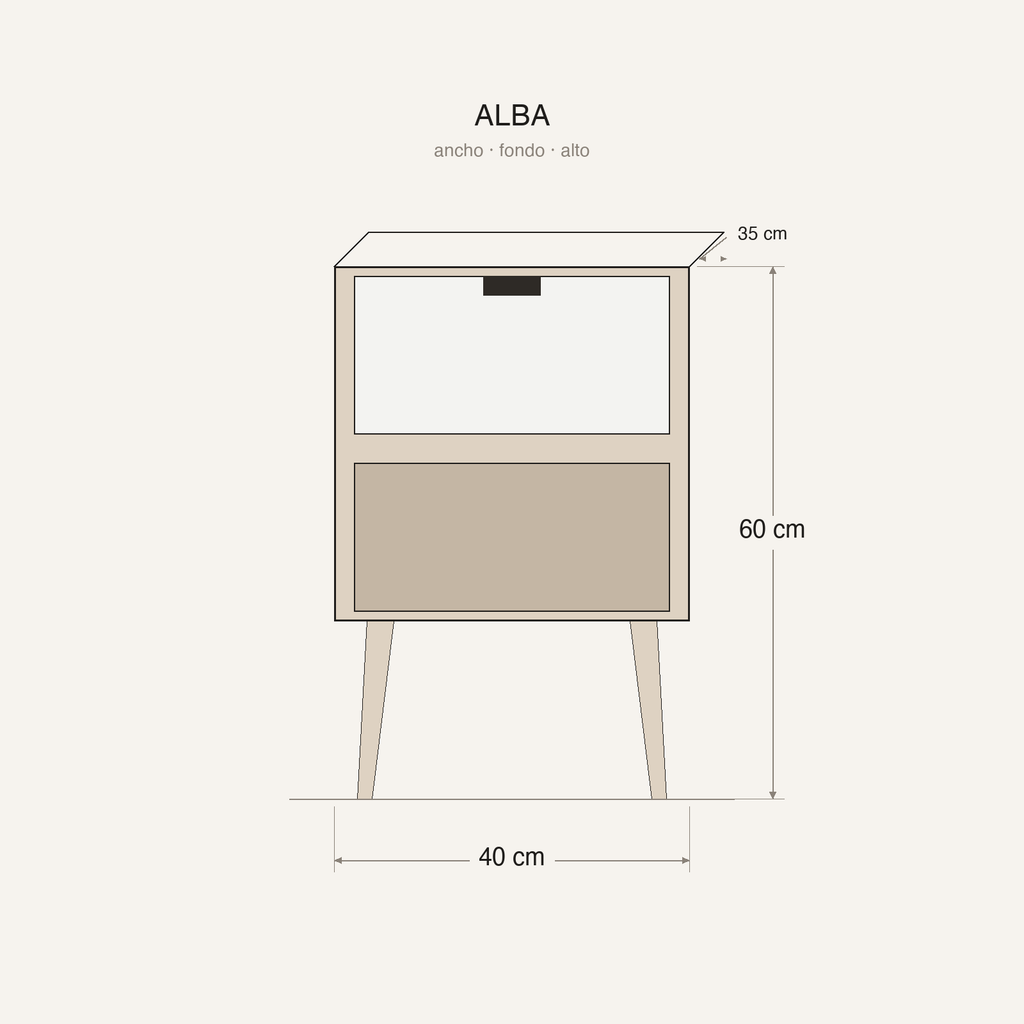 Medidas de la mesa de noche ALBA: alto, ancho y fondo en centímetros