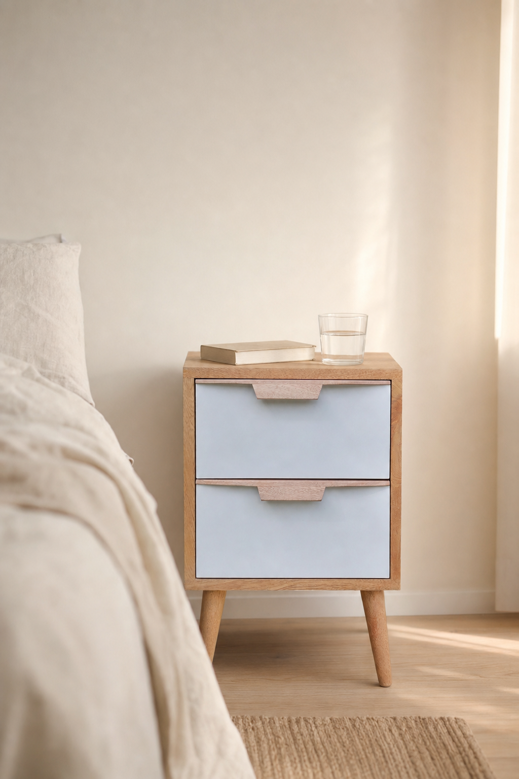 Mesa de noche ALMA de BOSKOliving en un dormitorio nórdico