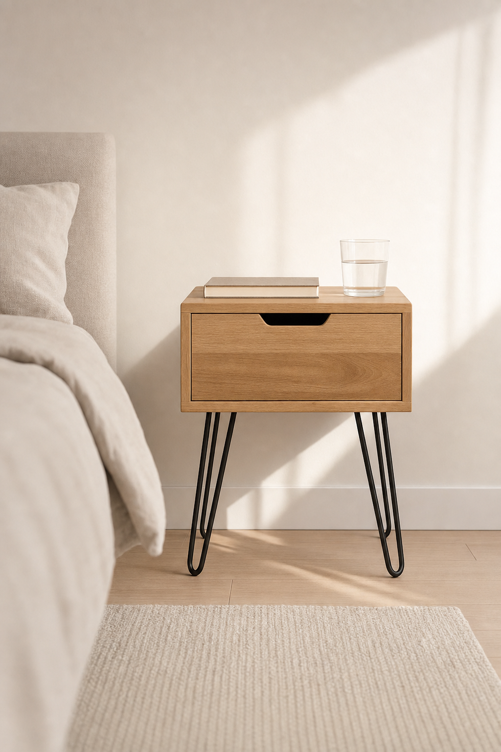 Mesa de noche AURA de BOSKOliving en un dormitorio nórdico