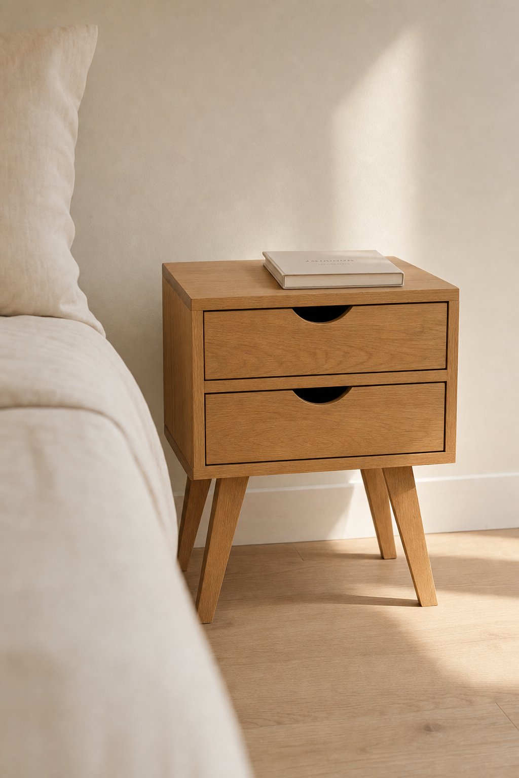 Mesa de noche BRUMA de BOSKOliving en un dormitorio nórdico