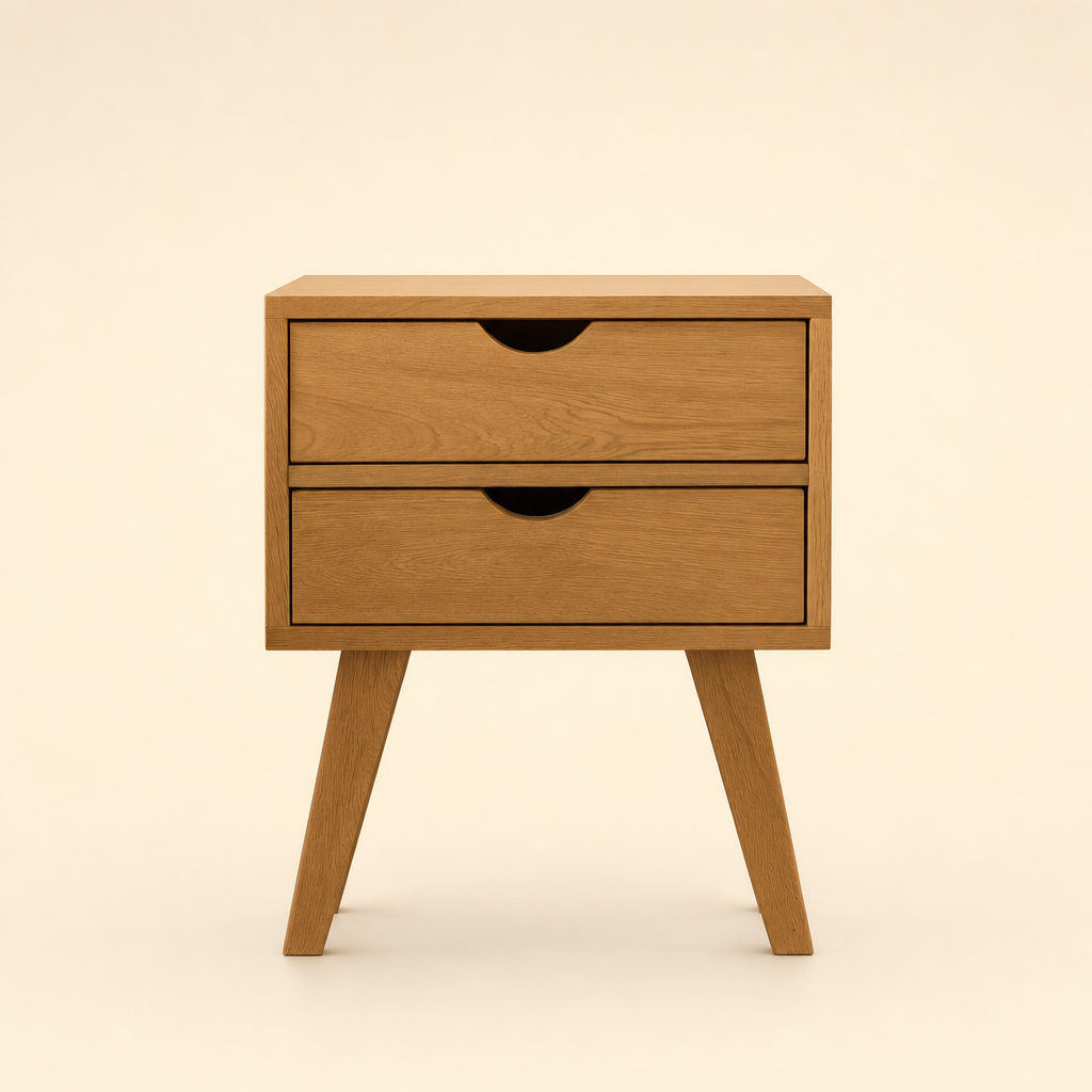Mesa de noche BRUMA de madera maciza, vista de tres cuartos