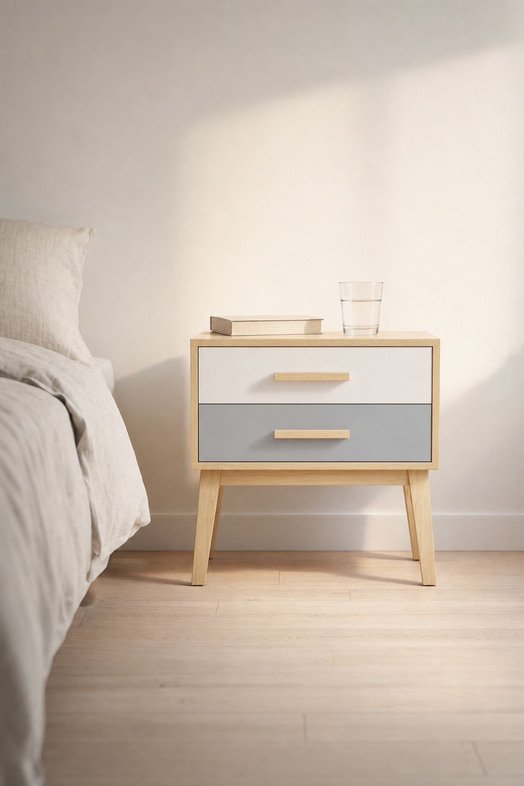 Mesa de noche CALMA de BOSKOliving en un dormitorio nórdico