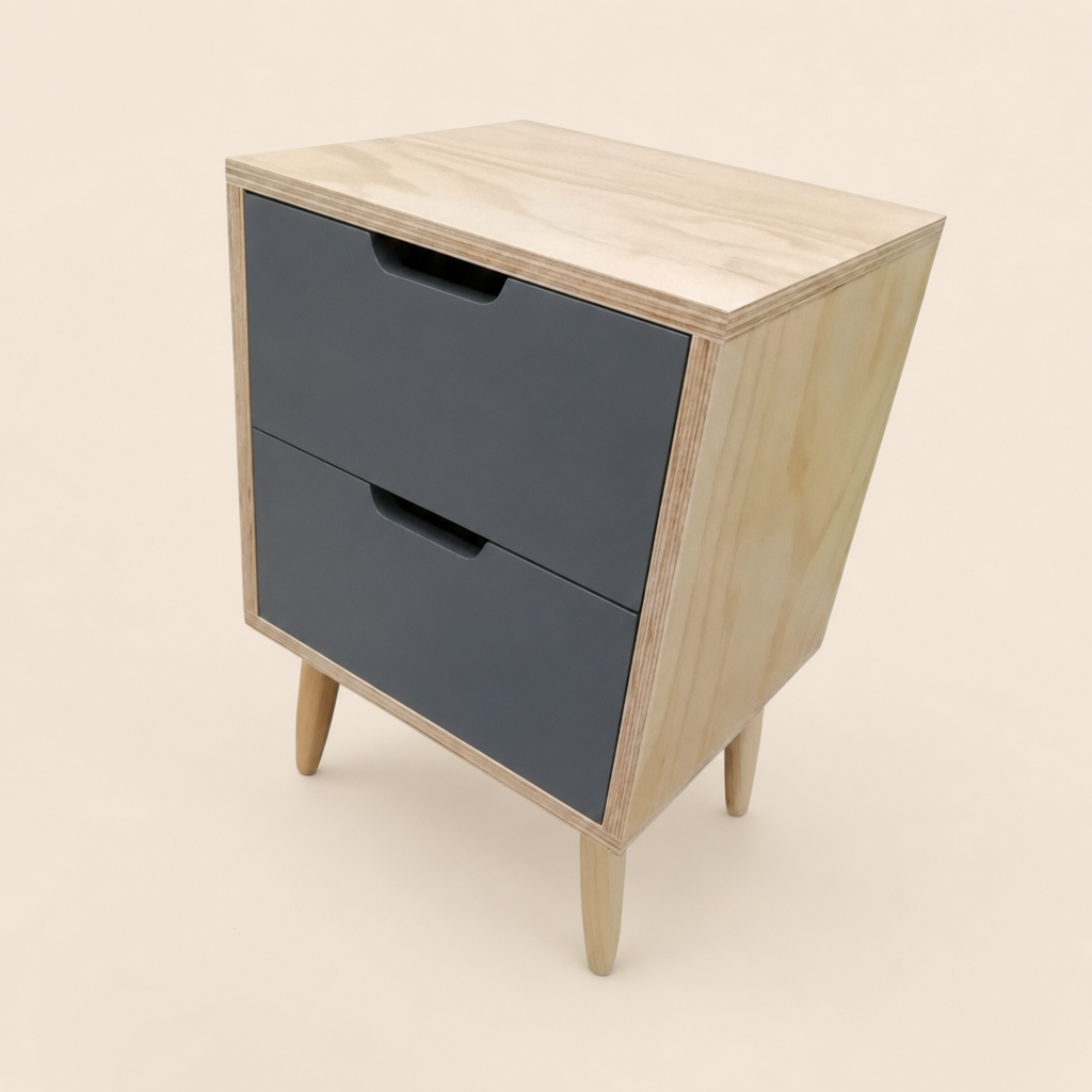 Mesa de noche NACAR de madera maciza, vista de tres cuartos