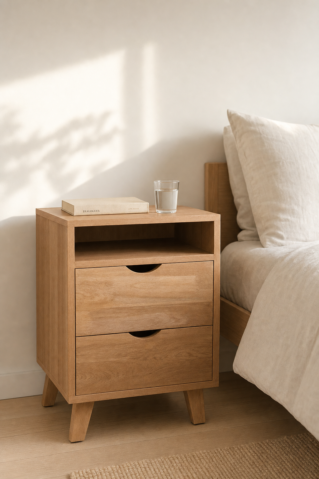 Mesa de noche SAVIA de BOSKOliving en un dormitorio nórdico