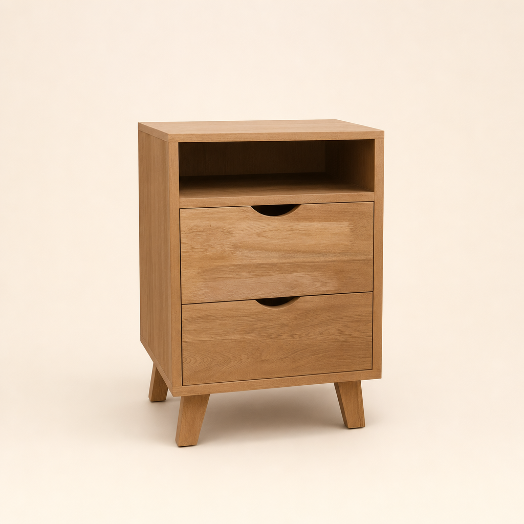 Mesa de noche SAVIA de madera maciza, vista de tres cuartos