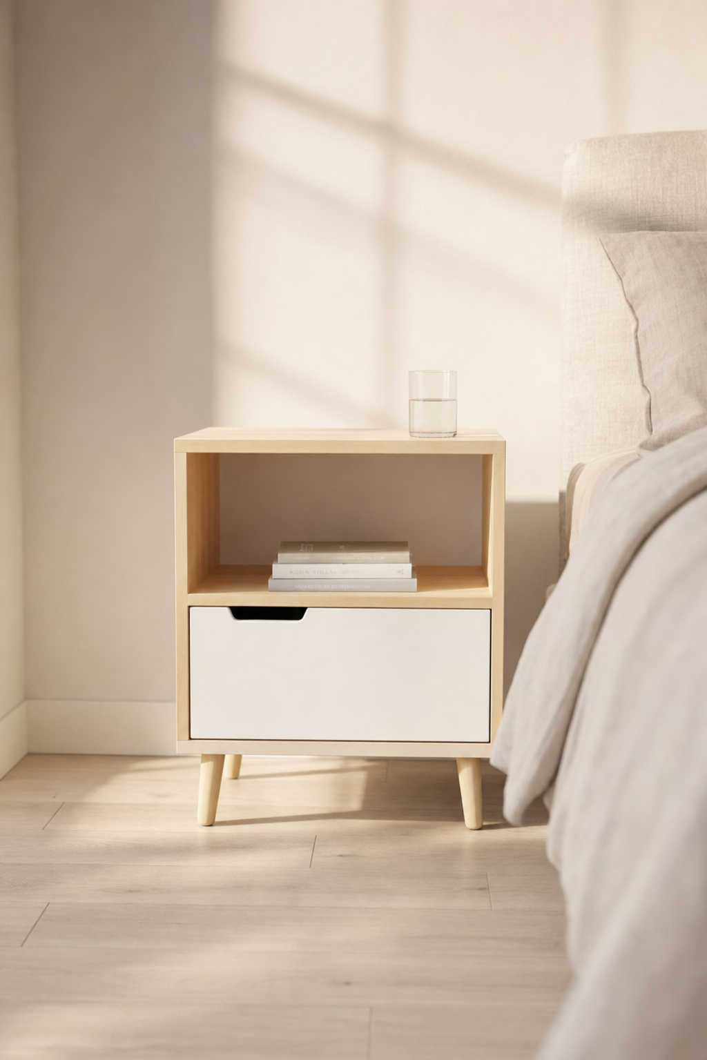 Mesa de noche SERENA de BOSKOliving en un dormitorio nórdico