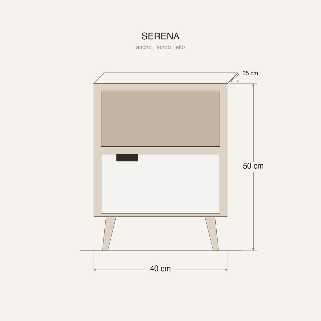 Medidas de la mesa de noche SERENA: alto, ancho y fondo en centímetros