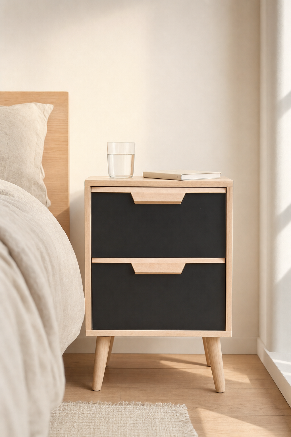 Mesa de noche SOMA de BOSKOliving en un dormitorio nórdico