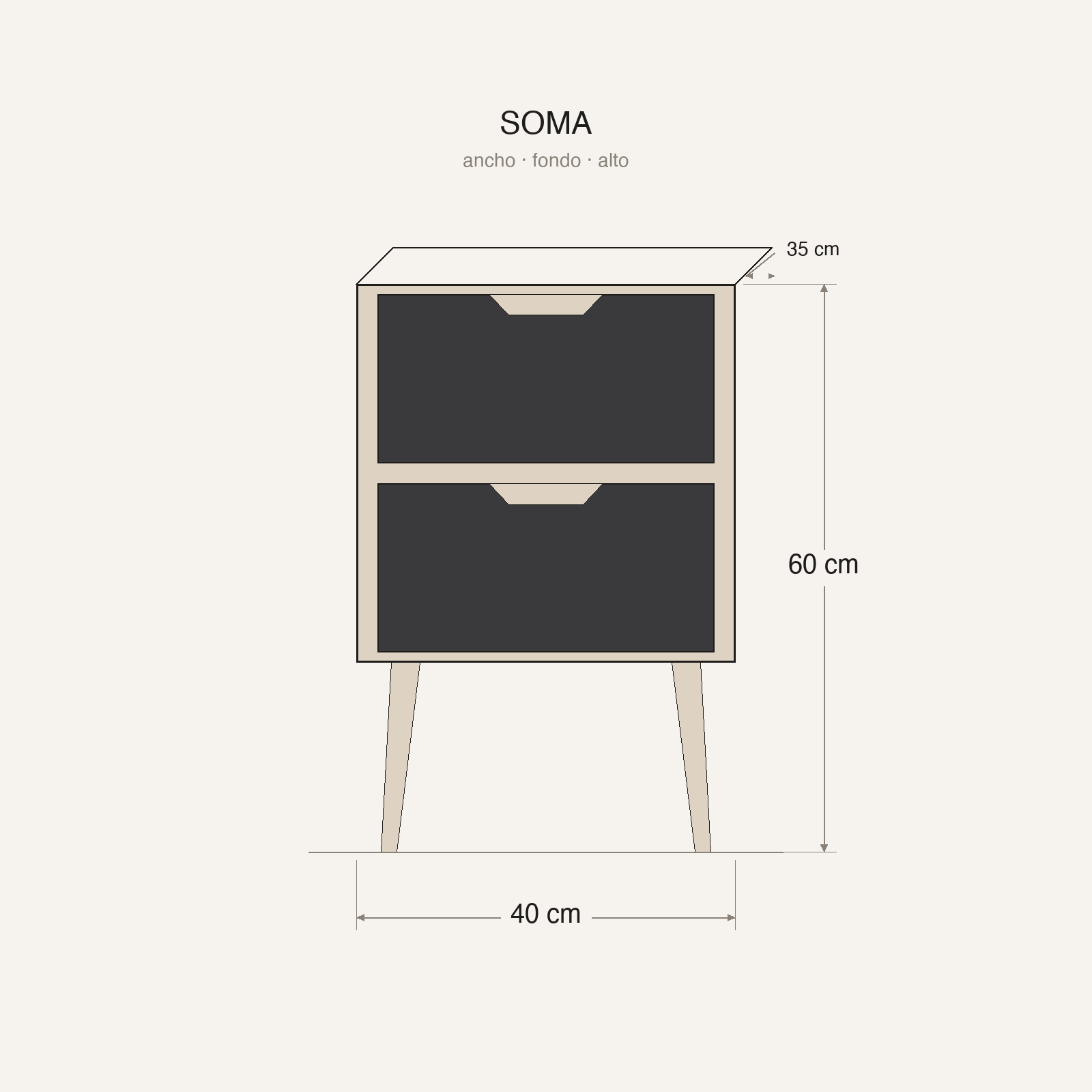 Medidas de la mesa de noche SOMA: alto, ancho y fondo en centímetros