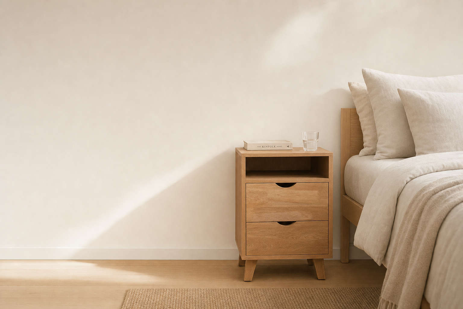 Dormitorio nórdico con mesa de noche SAVIA de BOSKOliving
